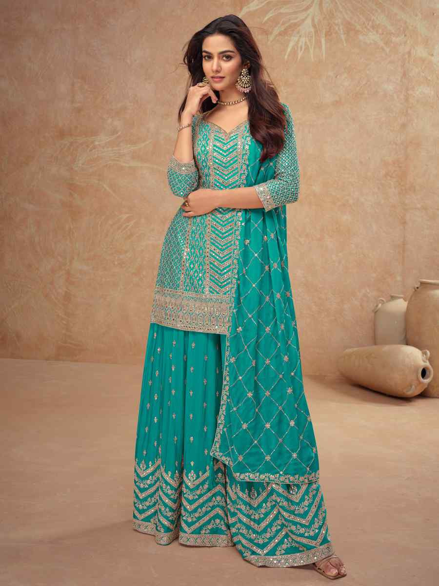 Blue Heavy Chinon Embroidered Festival Casual Sharara Salwar Kameez