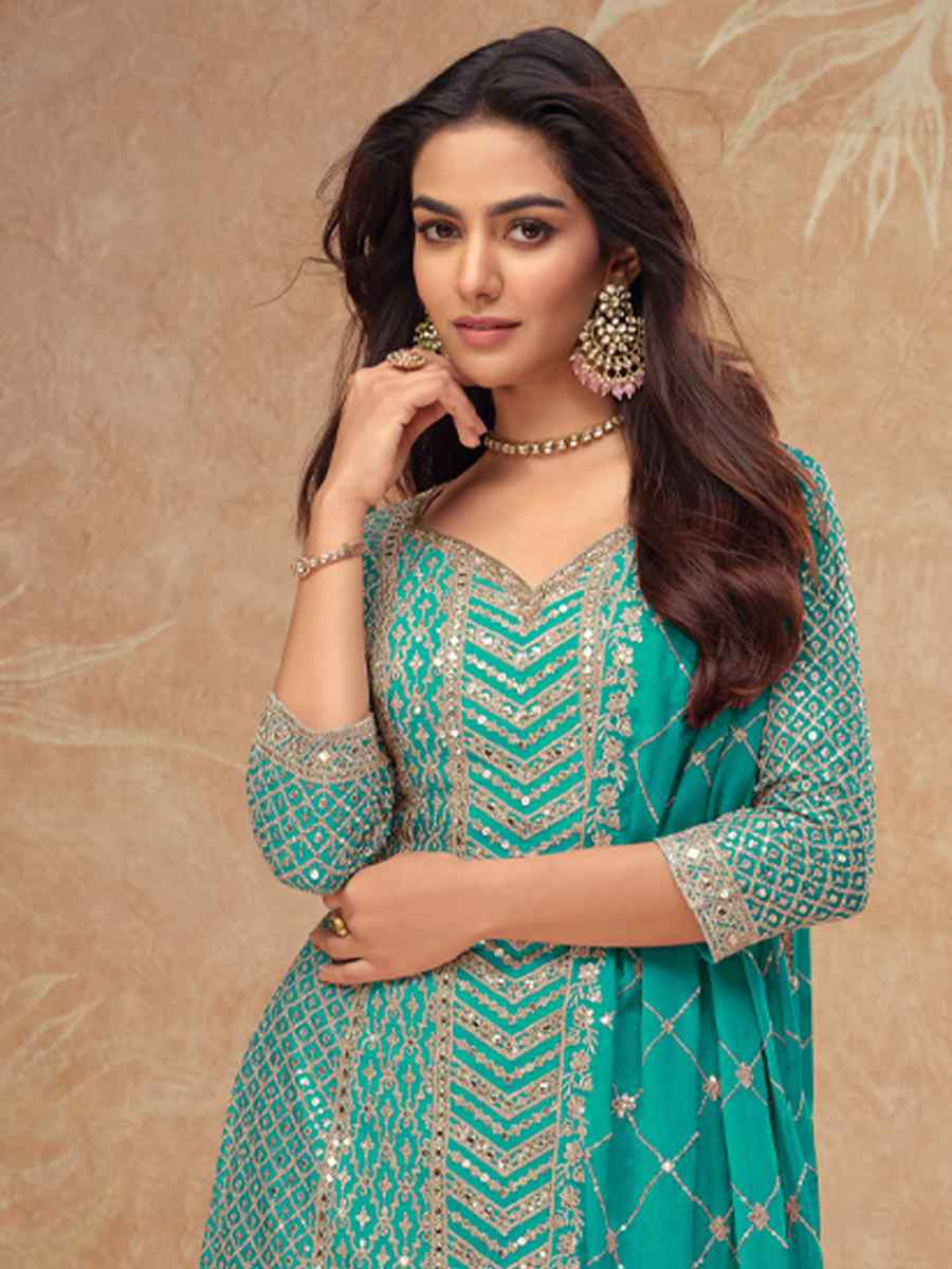 Blue Heavy Chinon Embroidered Festival Casual Sharara Salwar Kameez