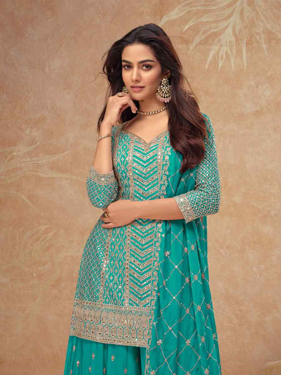 Blue Heavy Chinon Embroidered Festival Casual Sharara Salwar Kameez