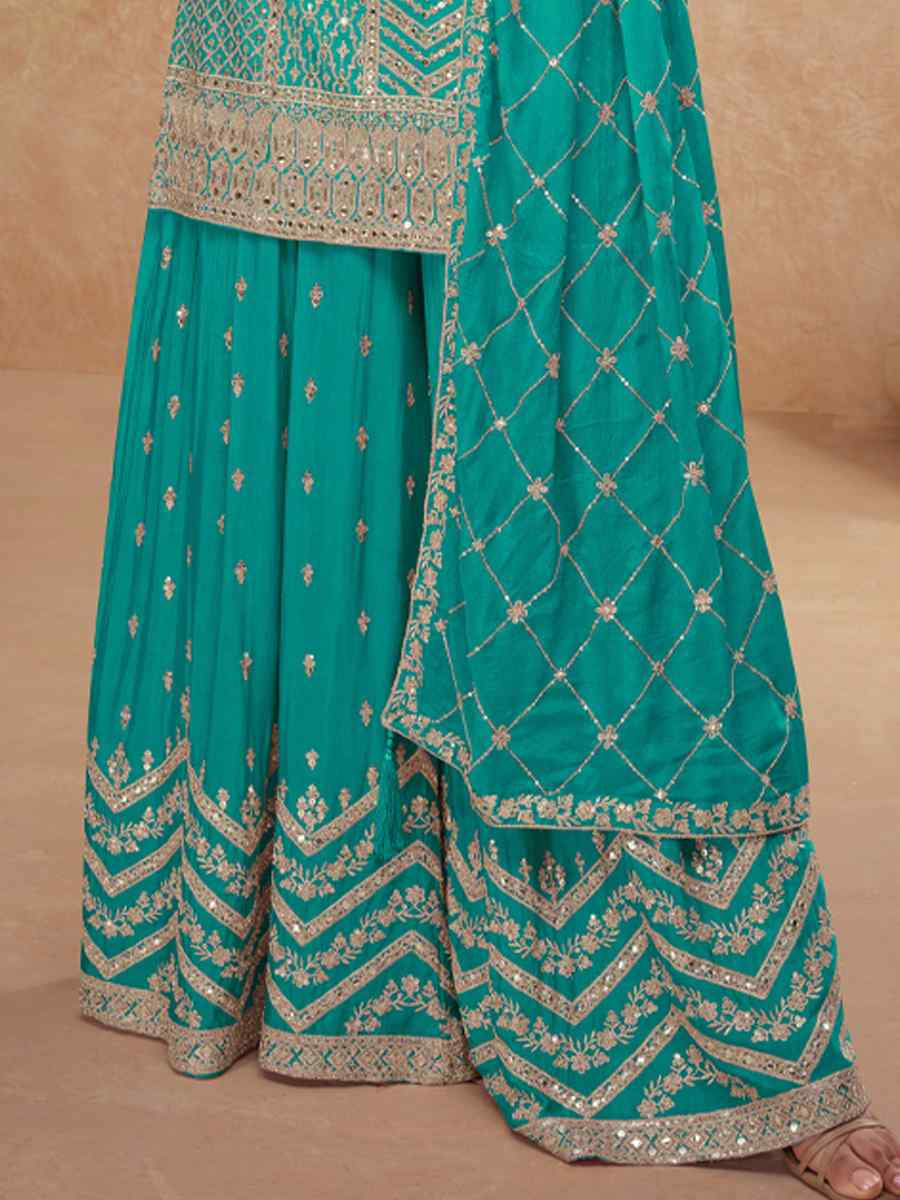 Blue Heavy Chinon Embroidered Festival Casual Sharara Salwar Kameez