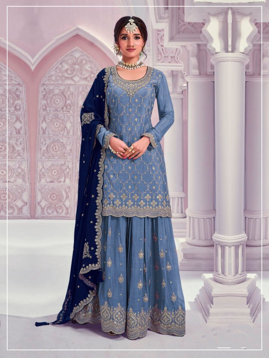 Blue Heavy Chinon Embroidery Wedding Party Festival Casual Sharara Pant Salwar Kameez