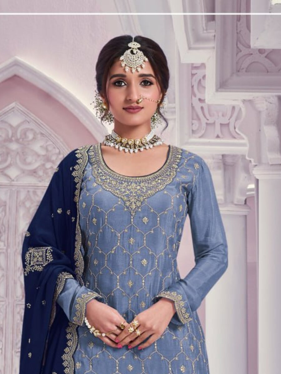 Blue Heavy Chinon Embroidery Wedding Party Festival Casual Sharara Pant Salwar Kameez