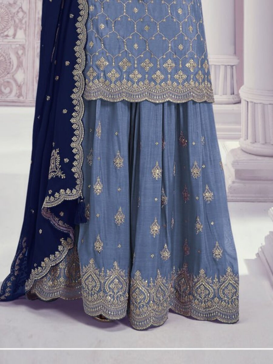 Blue Heavy Chinon Embroidery Wedding Party Festival Casual Sharara Pant Salwar Kameez