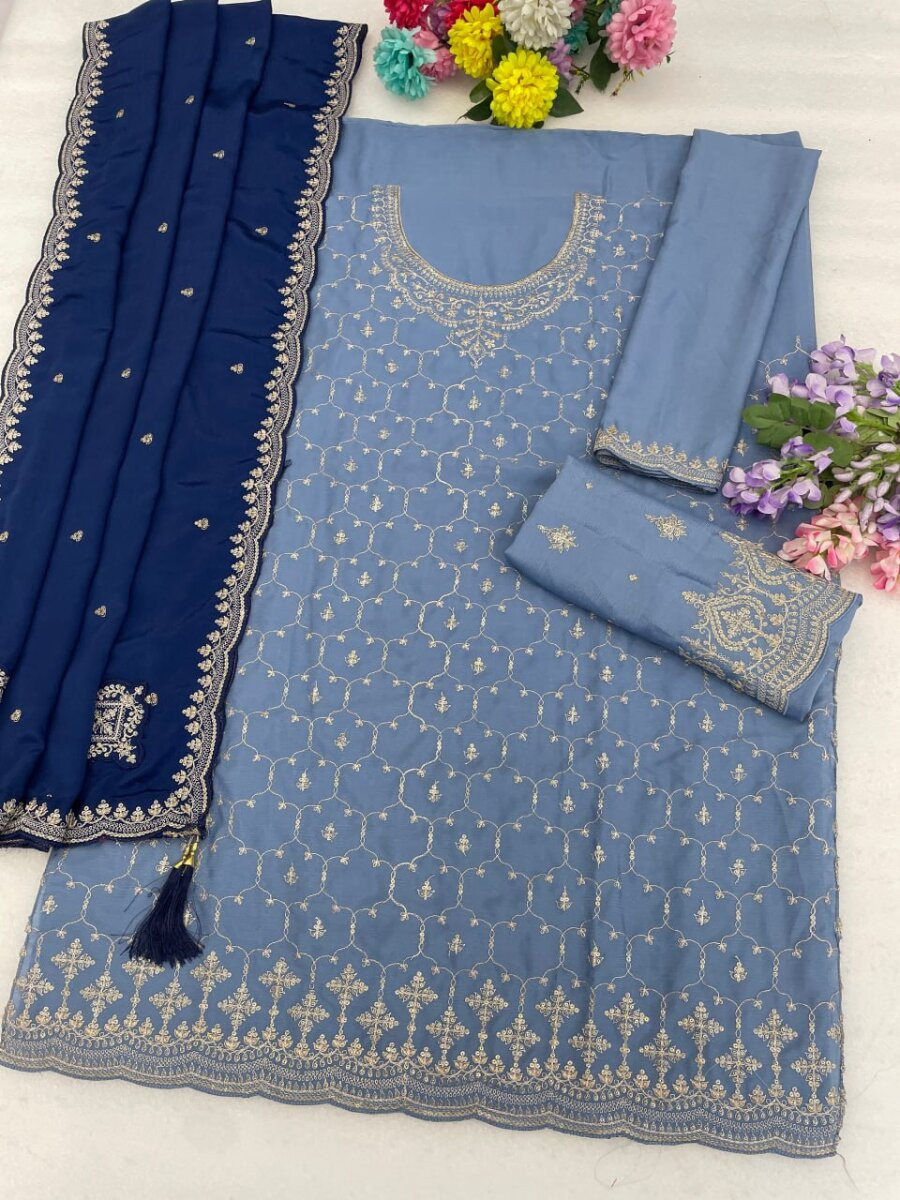 Blue Heavy Chinon Embroidery Wedding Party Festival Casual Sharara Pant Salwar Kameez