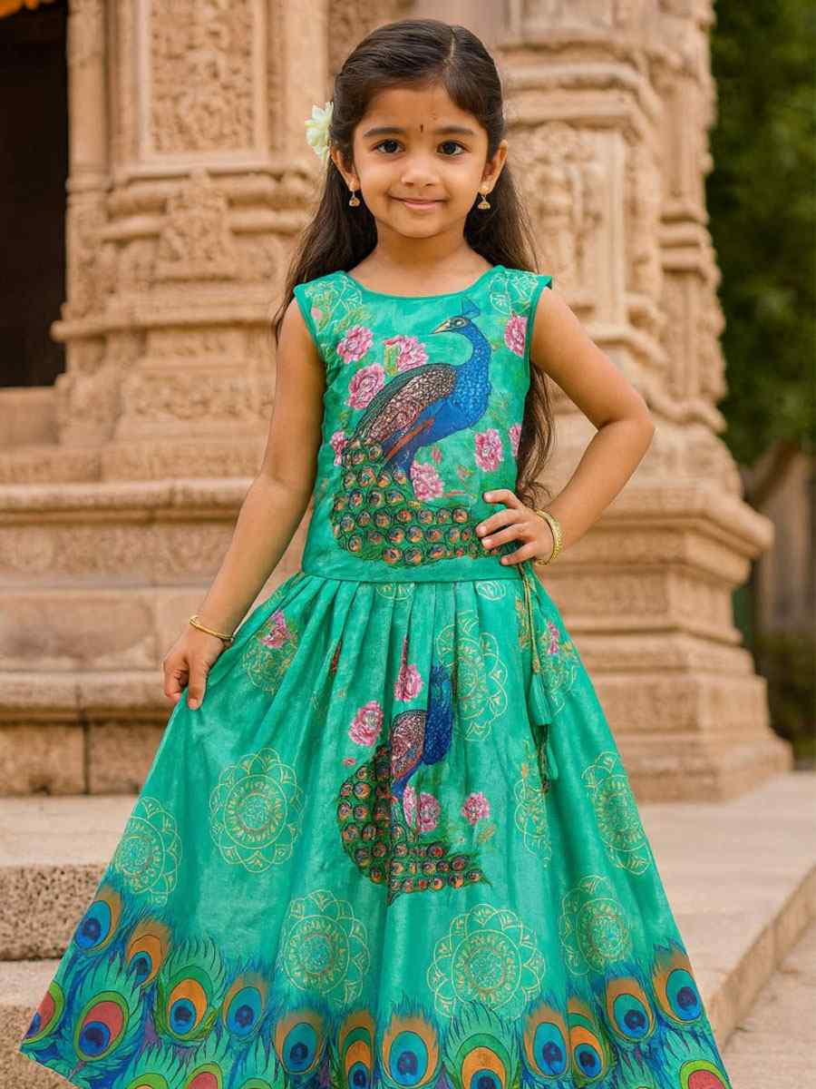 Blue Heavy Chinon Printed Kids Wear Wedding Festival Lehengas Girls Wear