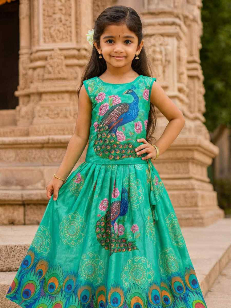 Image of Blue Heavy Chinon Printed Kids Wear Wedding Festival Lehengas Girls Wear