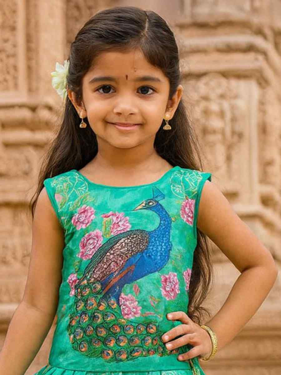 Blue Heavy Chinon Printed Kids Wear Wedding Festival Lehengas Girls Wear