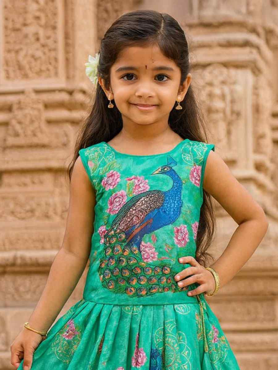 Blue Heavy Chinon Printed Kids Wear Wedding Festival Lehengas Girls Wear