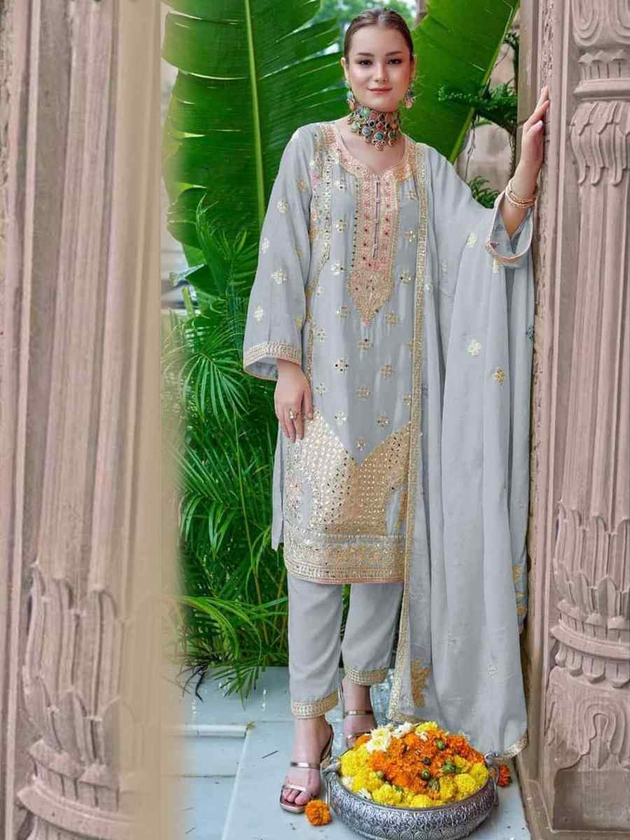Blue Heavy Chinon Silk Embroidered Festival Casual Pant Salwar Kameez