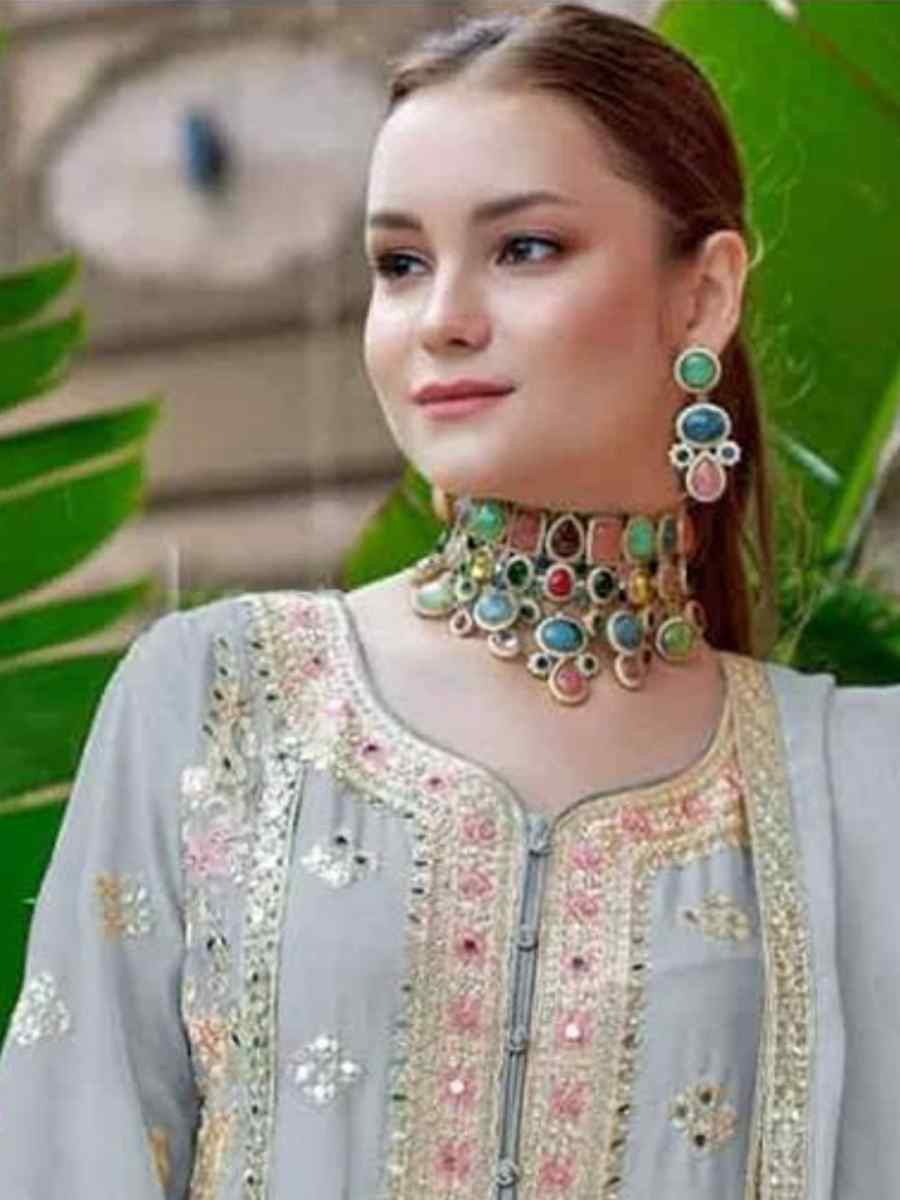 Blue Heavy Chinon Silk Embroidered Festival Casual Pant Salwar Kameez