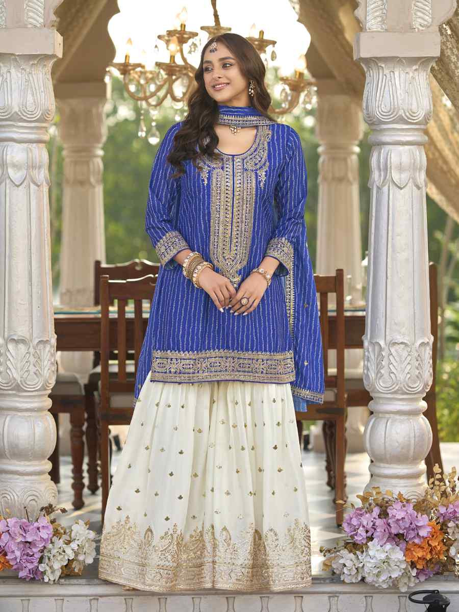 Blue Heavy Chinon Silk Embroidered Festival Mehendi Ready Sharara Salwar Kameez
