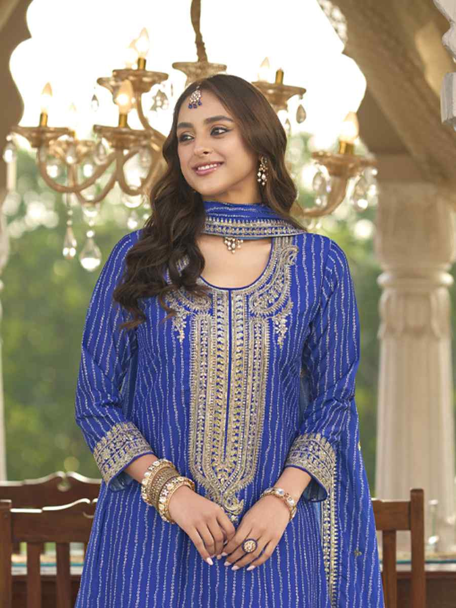 Blue Heavy Chinon Silk Embroidered Festival Mehendi Ready Sharara Salwar Kameez