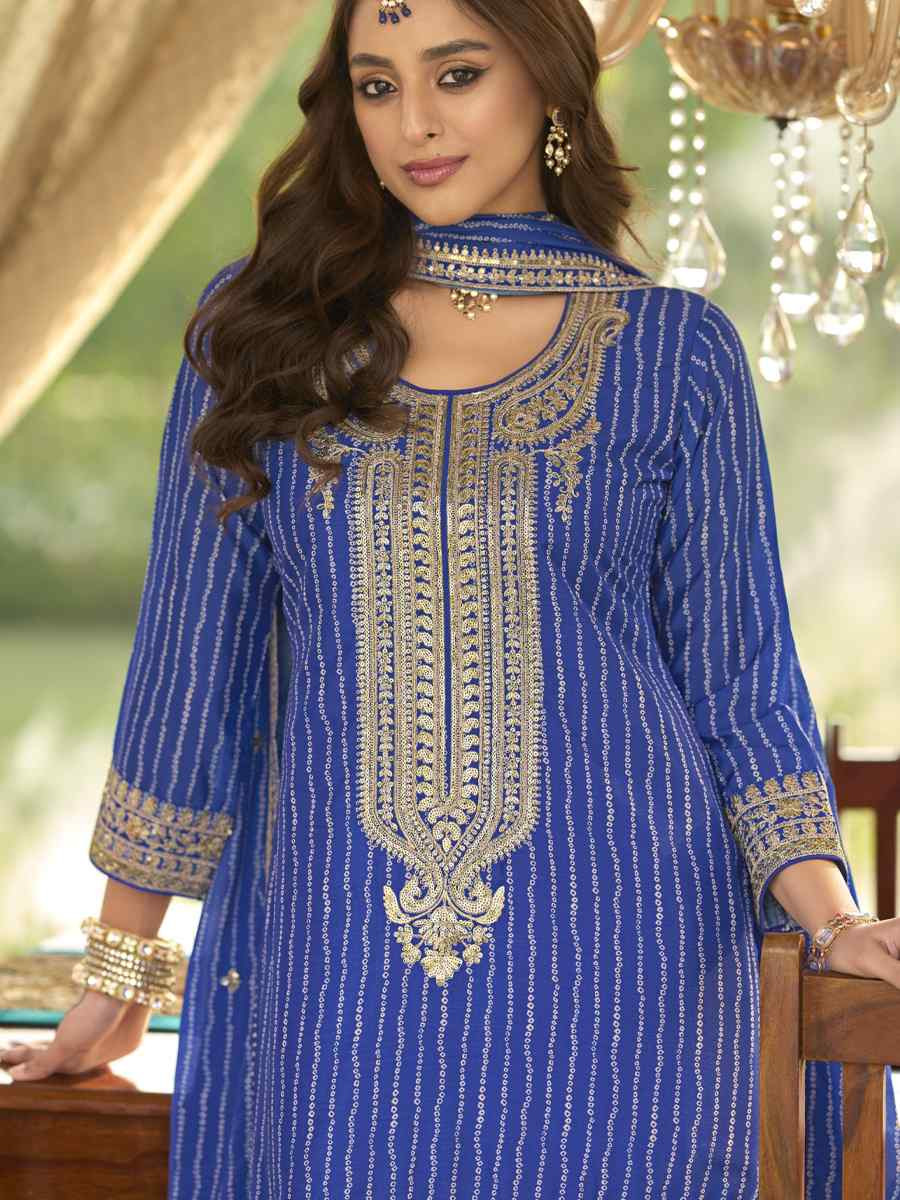 Blue Heavy Chinon Silk Embroidered Festival Mehendi Ready Sharara Salwar Kameez