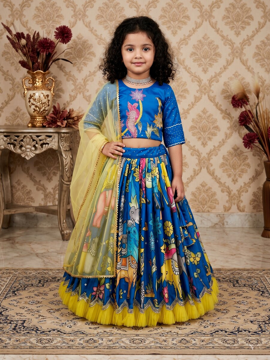 Blue Heavy Chinon Silk Printed Embroidered Ethnic Casual Festival Party Wedding Lehengas Girls Wear