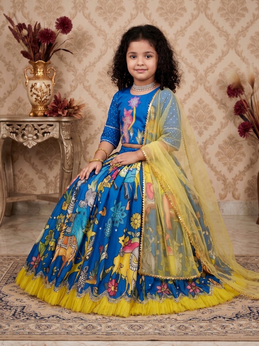 Blue Heavy Chinon Silk Printed Embroidered Ethnic Casual Festival Party Wedding Lehengas Girls Wear