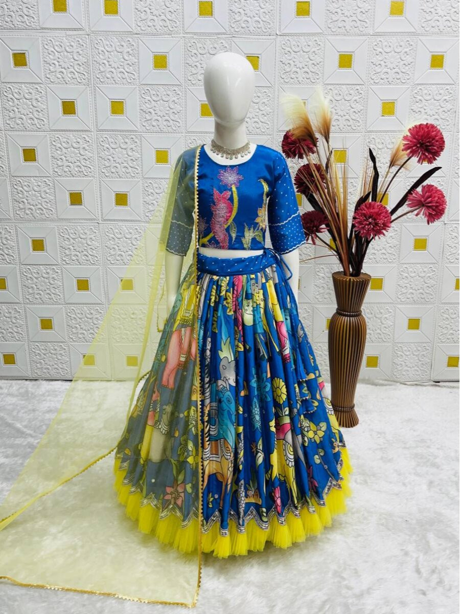 Blue Heavy Chinon Silk Printed Embroidered Ethnic Casual Festival Party Wedding Lehengas Girls Wear