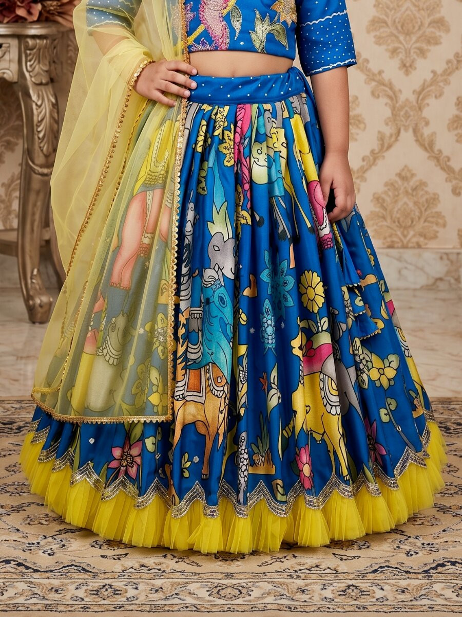 Blue Heavy Chinon Silk Printed Embroidered Ethnic Casual Festival Party Wedding Lehengas Girls Wear