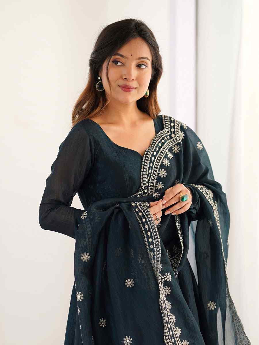 Blue Heavy Fandy Silk Plain Party Wedding Festival Casual Ready Anarkali Salwar Kameez