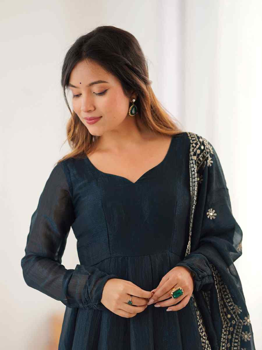 Blue Heavy Fandy Silk Plain Party Wedding Festival Casual Ready Anarkali Salwar Kameez