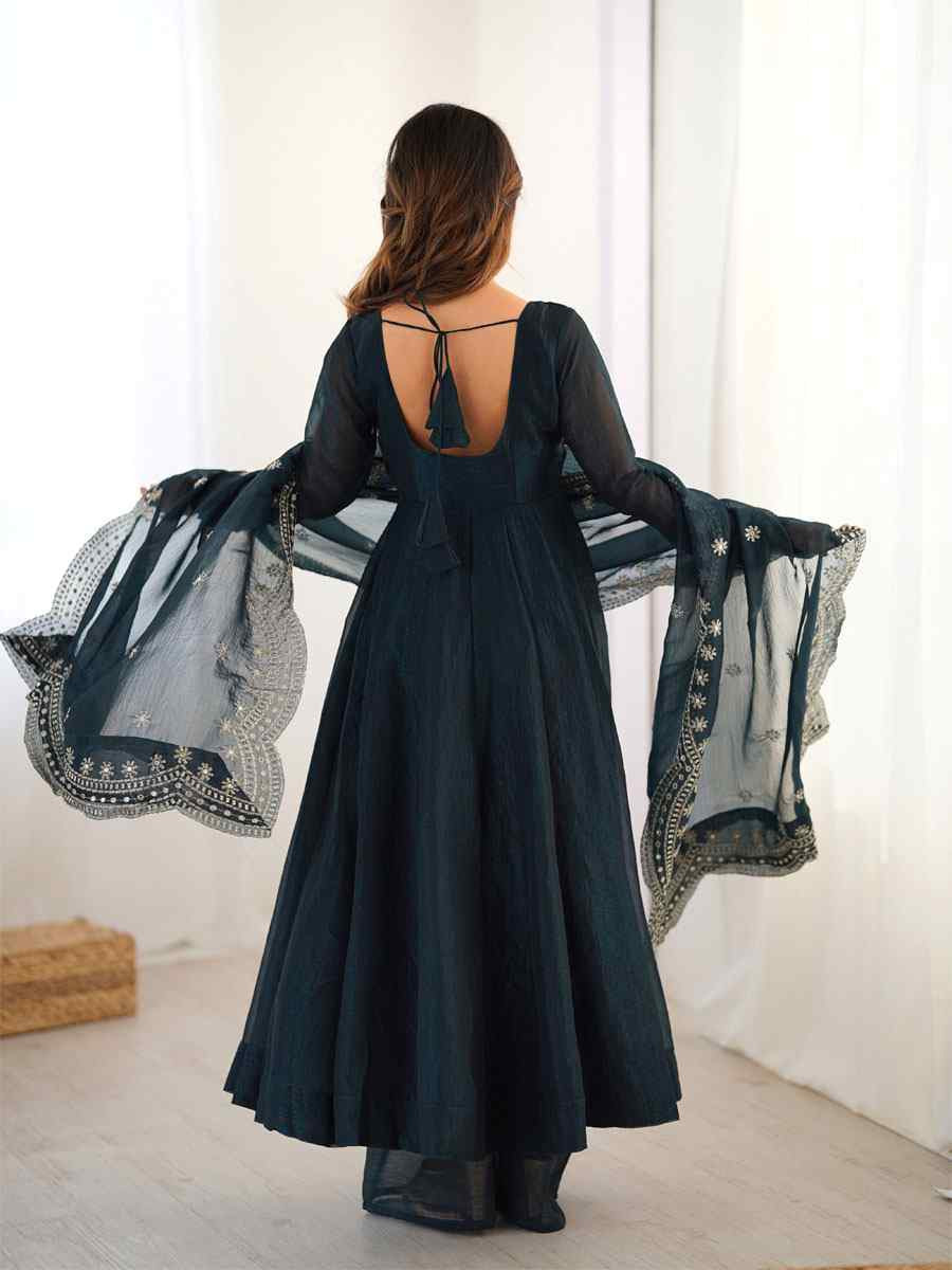 Blue Heavy Fandy Silk Plain Party Wedding Festival Casual Ready Anarkali Salwar Kameez