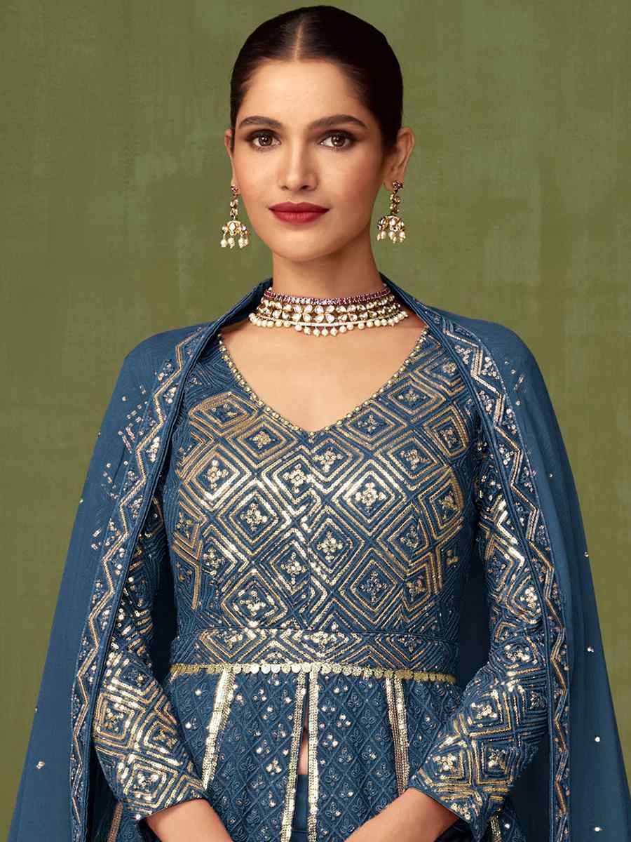 Blue Heavy Faux Georgette Embroidered Engagement Wedding Anarkali Salwar Kameez