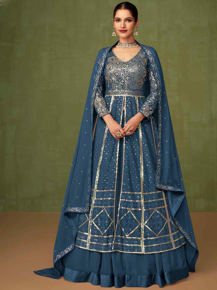 Blue Heavy Faux Georgette Embroidered Engagement Wedding Anarkali Salwar Kameez