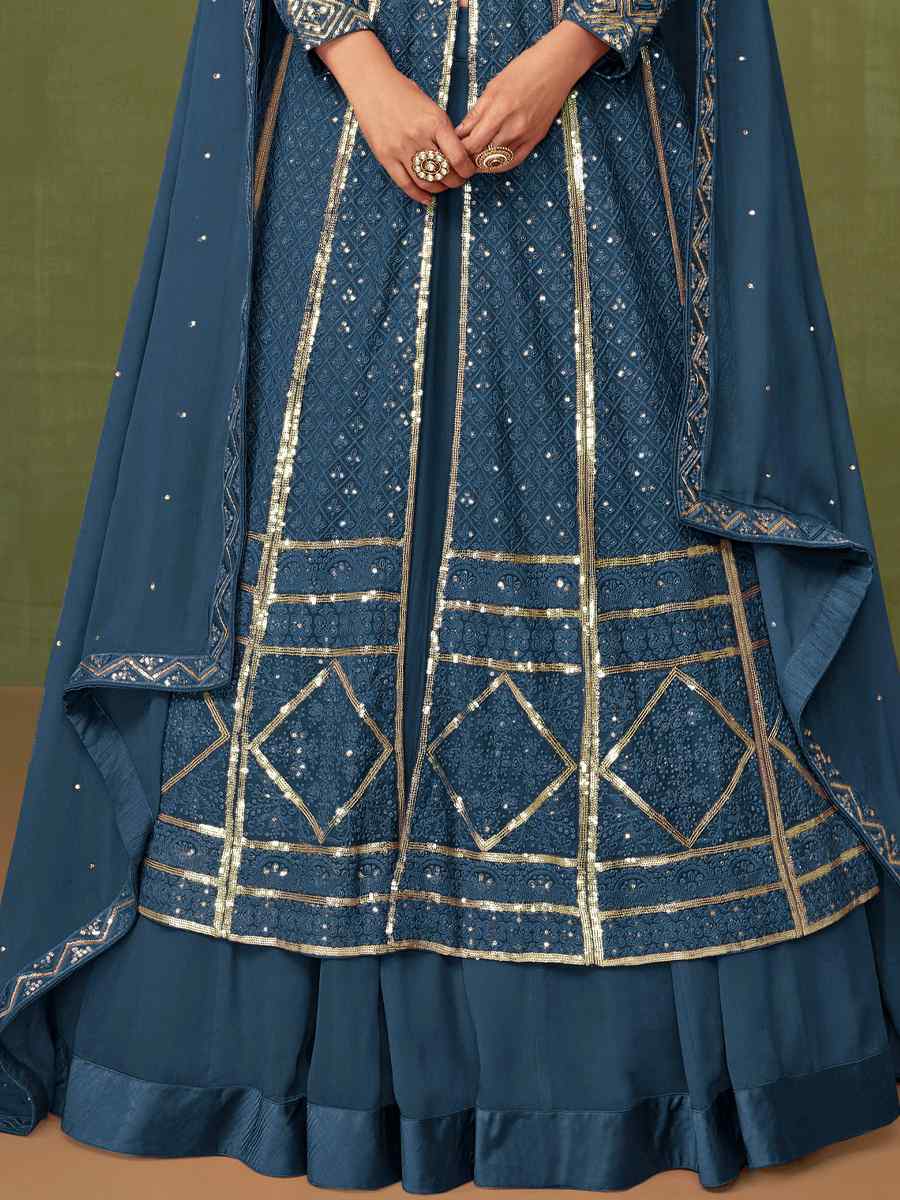 Blue Heavy Faux Georgette Embroidered Engagement Wedding Anarkali Salwar Kameez