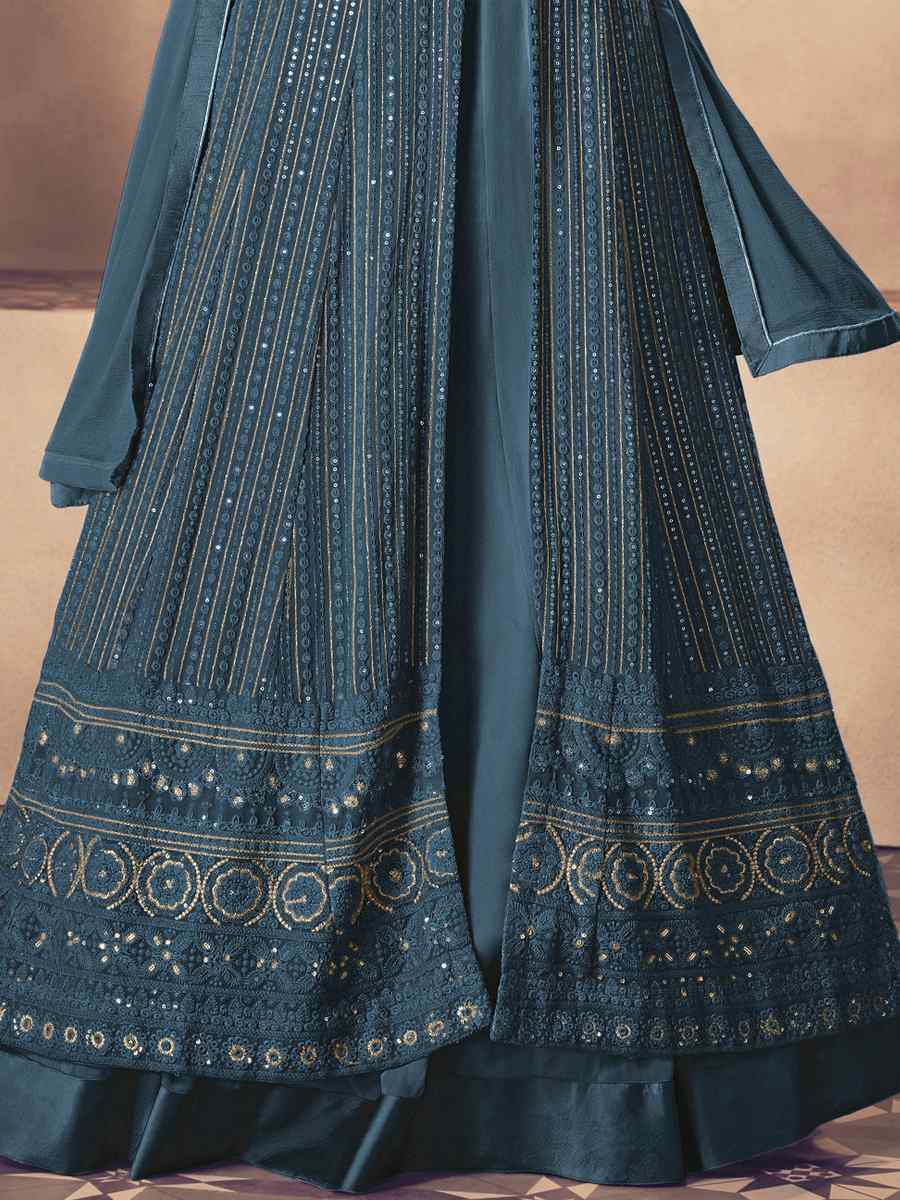 Blue Heavy Faux Georgette Embroidered Festival Wedding Anarkali Salwar Kameez