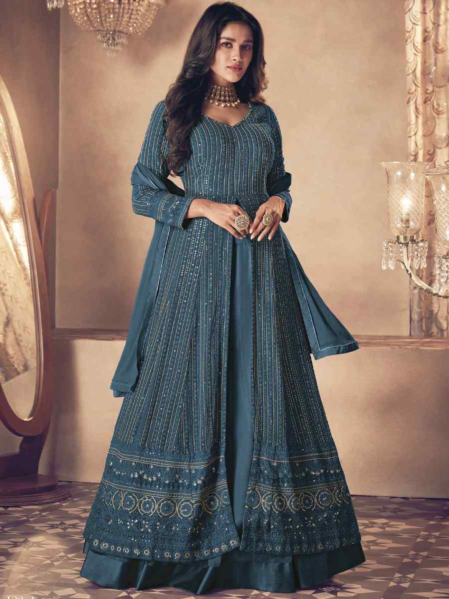 Blue Heavy Faux Georgette Embroidered Festival Wedding Anarkali Salwar Kameez