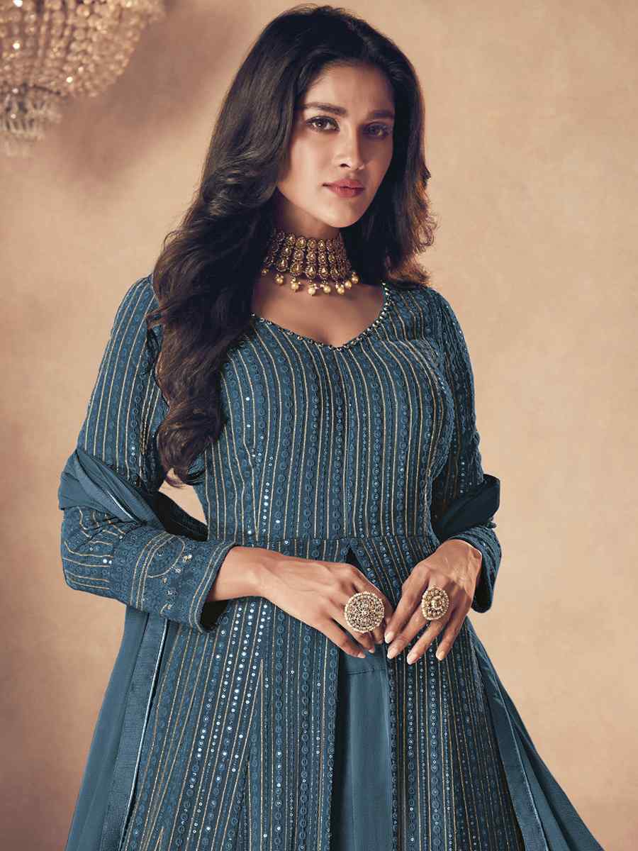 Blue Heavy Faux Georgette Embroidered Festival Wedding Anarkali Salwar Kameez