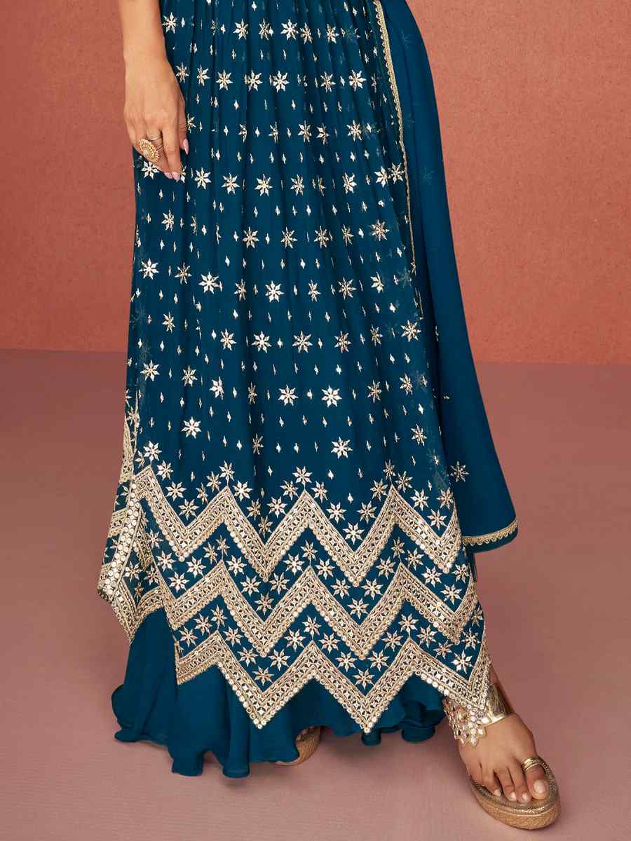 Blue Heavy Faux Georgette Embroidered Festival Wedding Anarkali Salwar Kameez