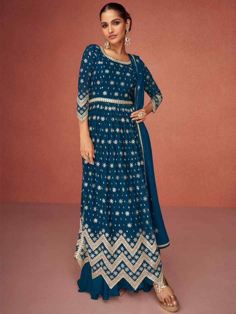 Blue Heavy Faux Georgette Embroidered Festival Wedding Anarkali Salwar Kameez