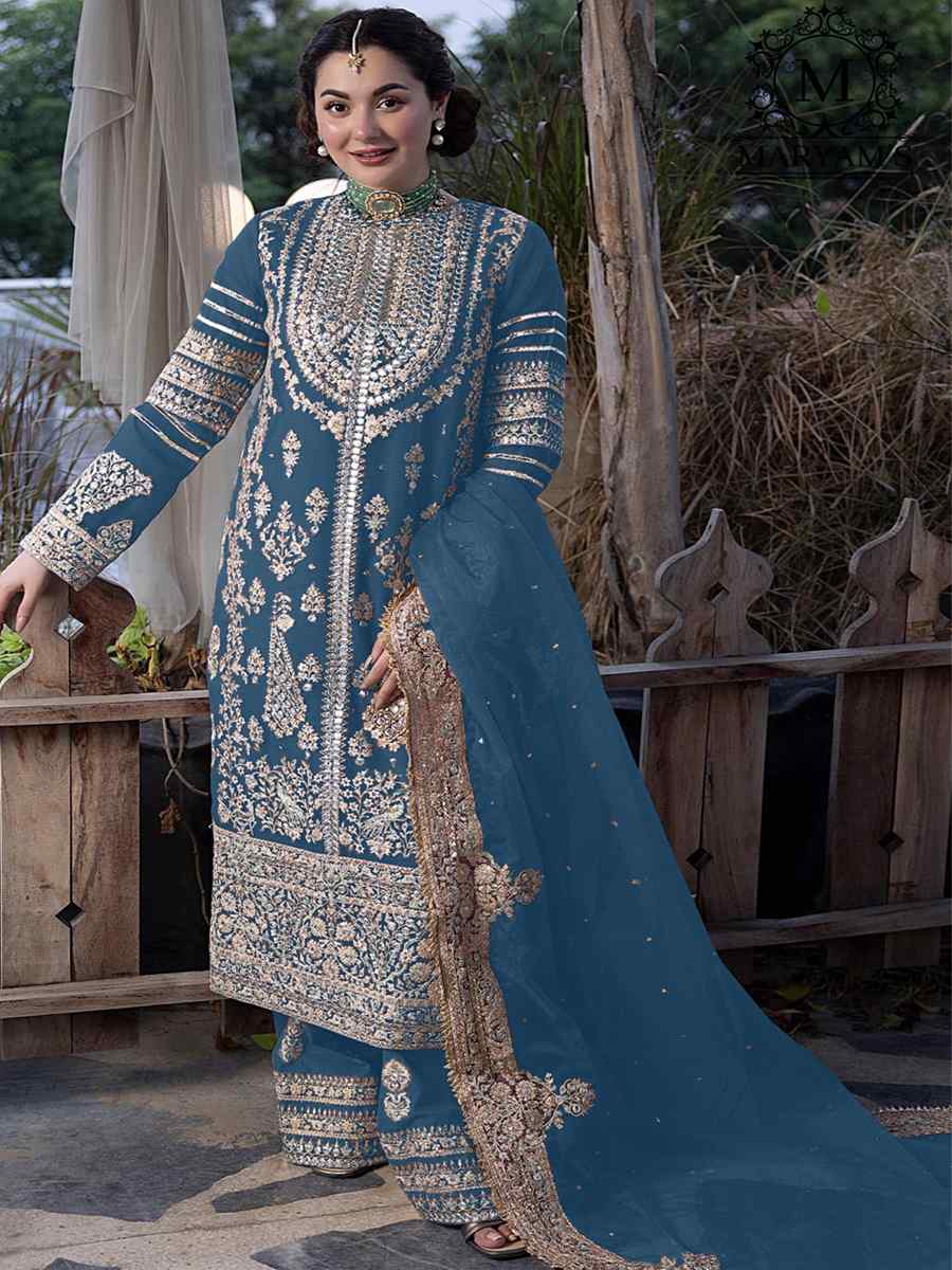 Blue Heavy Faux Georgette Embroidered Festival Wedding Palazzo Pant Salwar Kameez