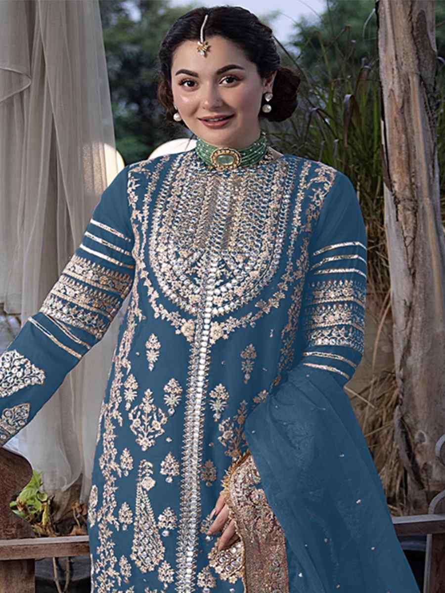 Blue Heavy Faux Georgette Embroidered Festival Wedding Palazzo Pant Salwar Kameez
