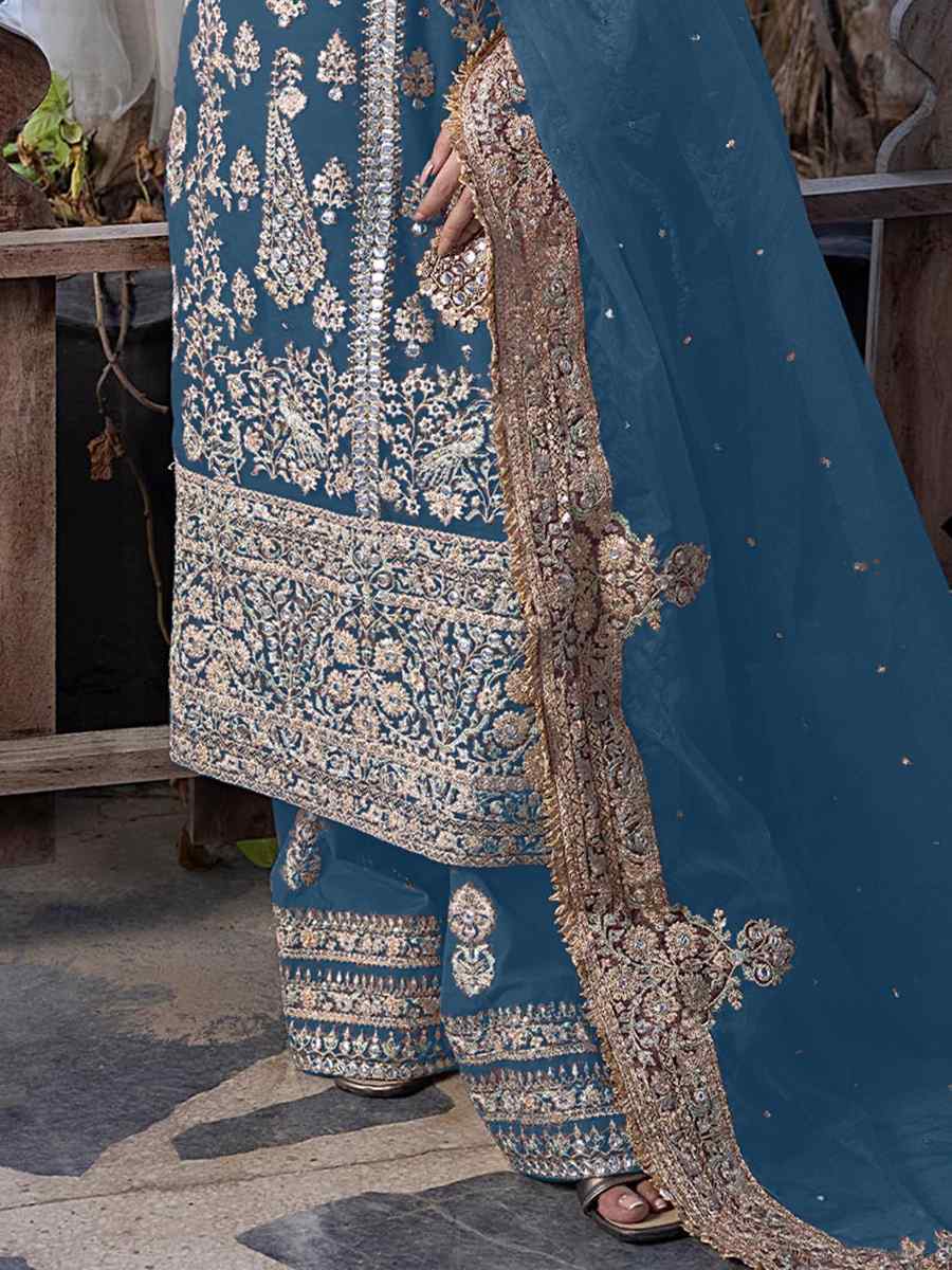 Blue Heavy Faux Georgette Embroidered Festival Wedding Palazzo Pant Salwar Kameez