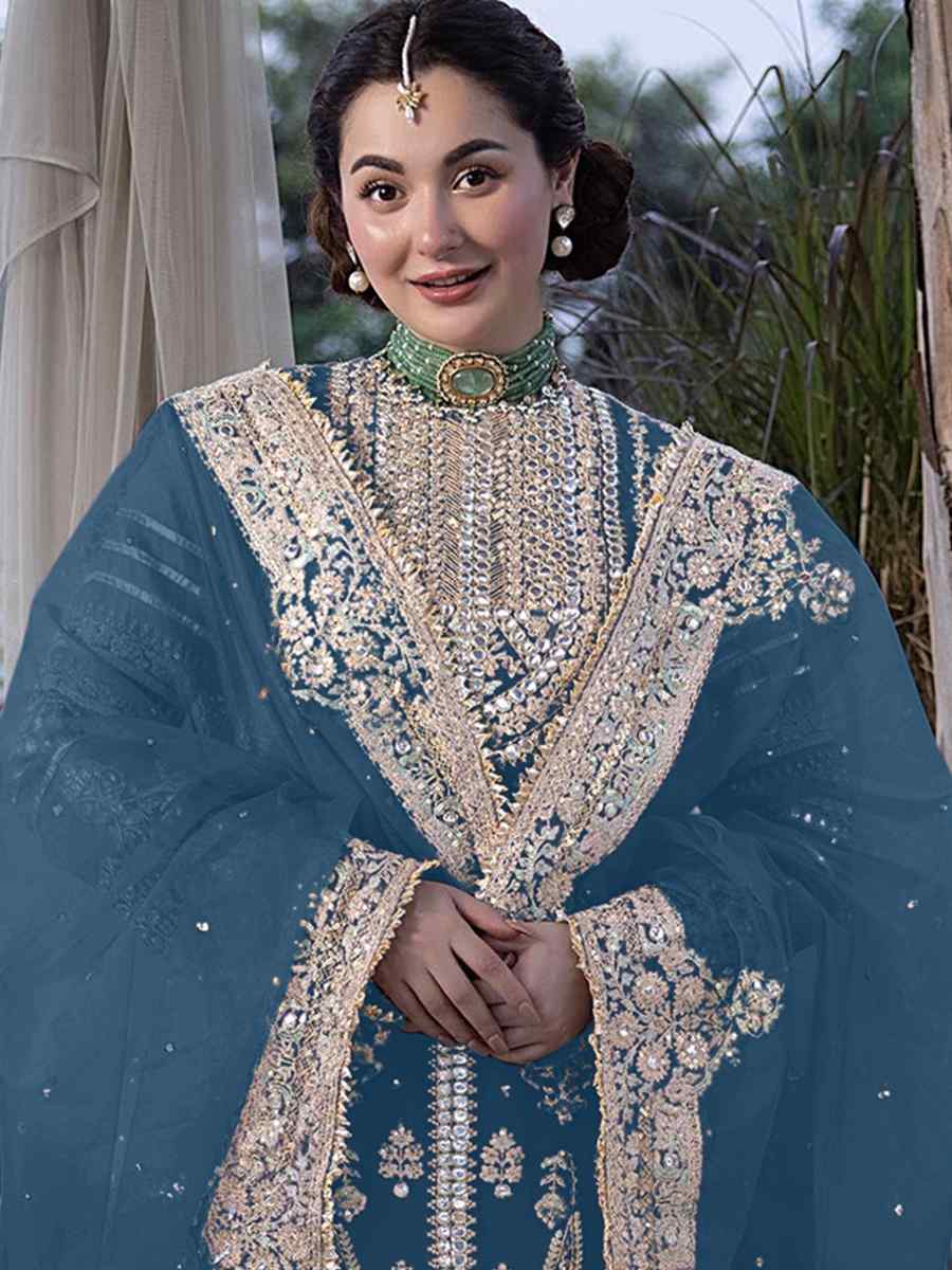 Blue Heavy Faux Georgette Embroidered Festival Wedding Palazzo Pant Salwar Kameez