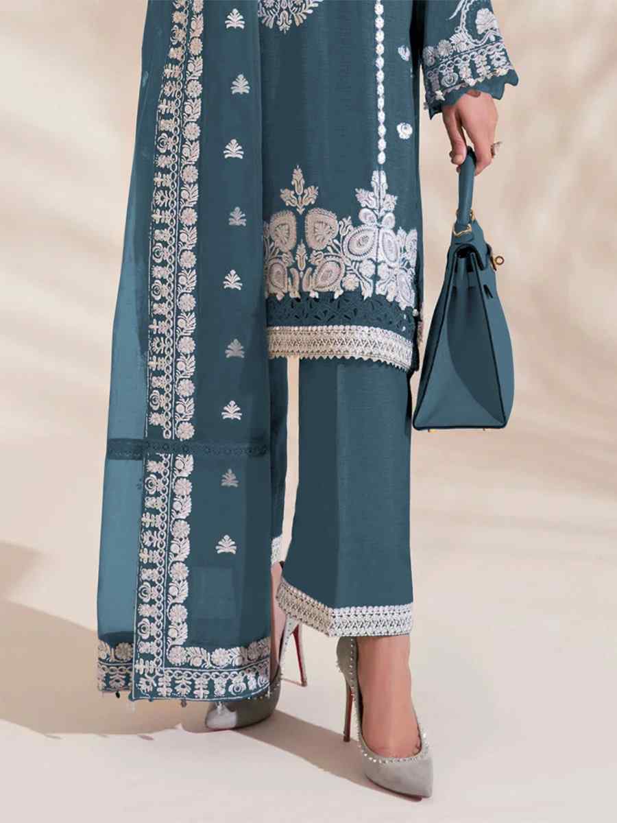 Blue Heavy Faux Georgette Embroidered Festival Wedding Pant Salwar Kameez