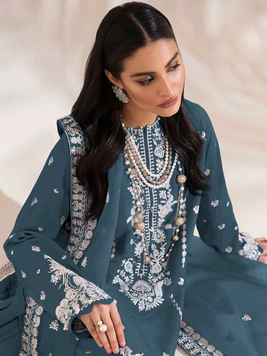 Blue Heavy Faux Georgette Embroidered Festival Wedding Pant Salwar Kameez