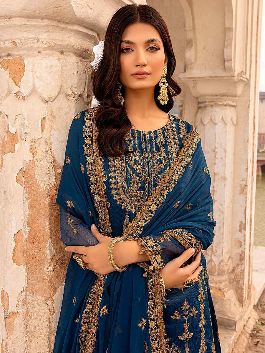 Blue Heavy Faux Georgette Embroidered Festival Wedding Pant Salwar Kameez
