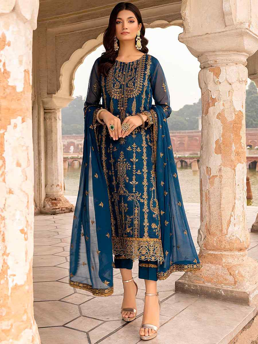 Blue Heavy Faux Georgette Embroidered Festival Wedding Pant Salwar Kameez