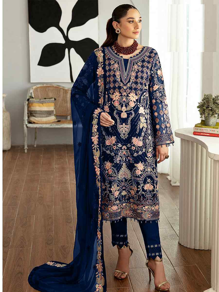 Blue Heavy Faux Georgette Embroidered Festival Wedding Pant Salwar Kameez