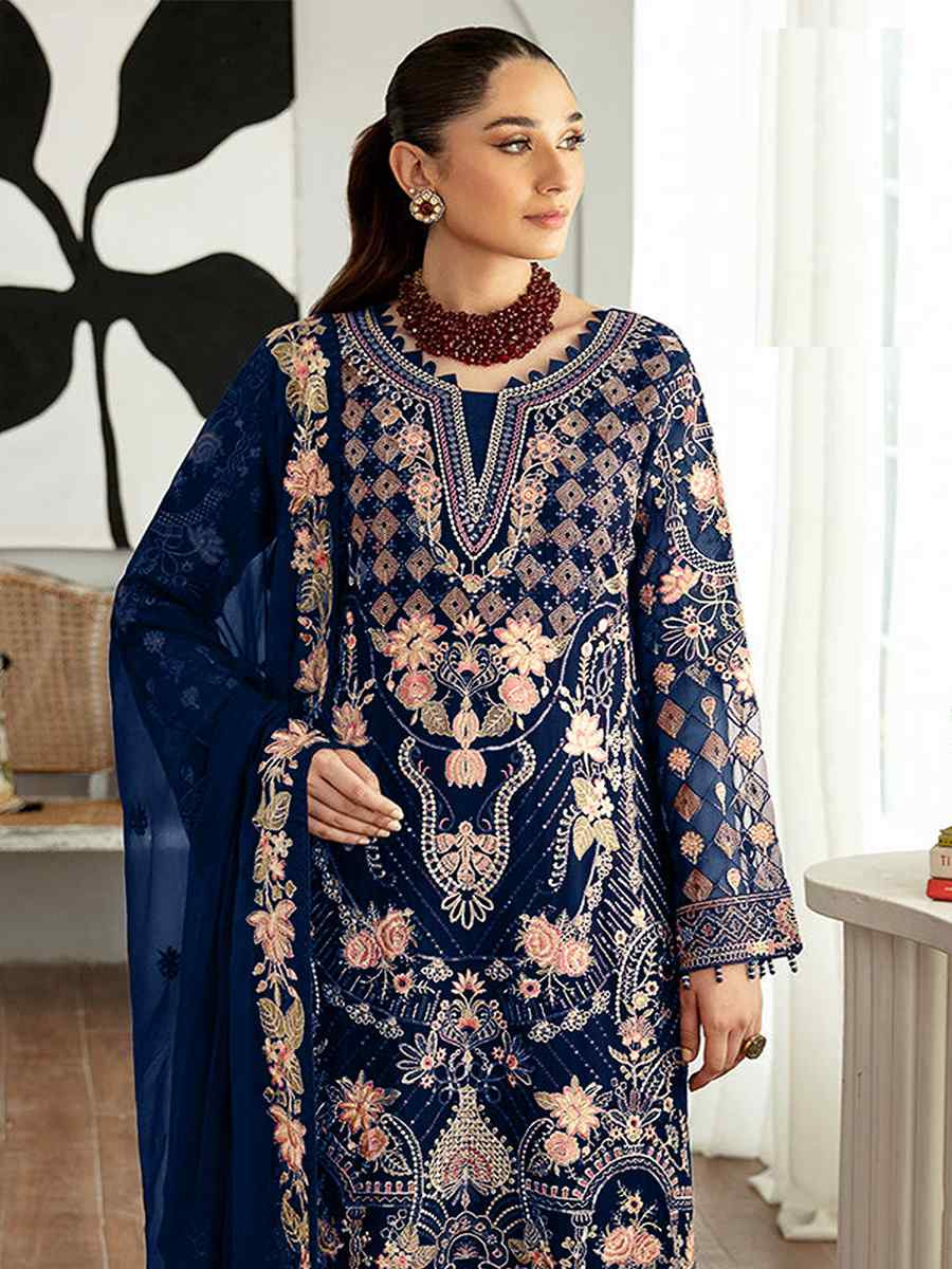 Blue Heavy Faux Georgette Embroidered Festival Wedding Pant Salwar Kameez