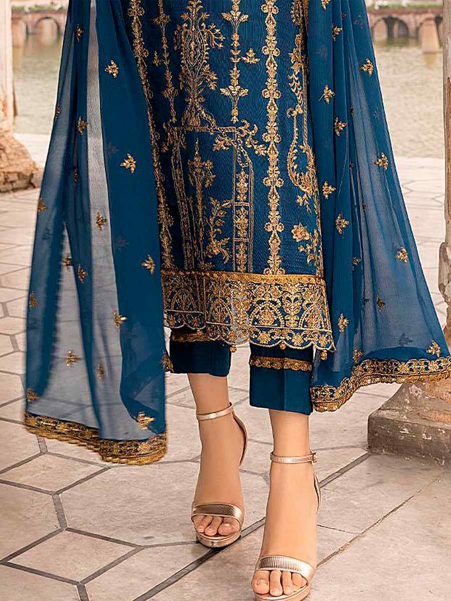 Blue Heavy Faux Georgette Embroidered Festival Wedding Pant Salwar Kameez