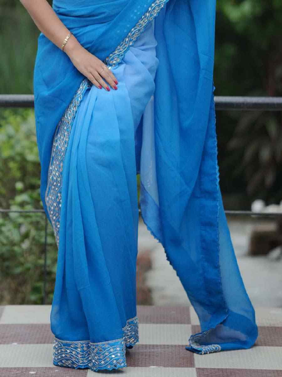 Blue Heavy Faux Georgette Embroidery Bridal Festival Wedding Traditional Fancy Heavy Border Sarees