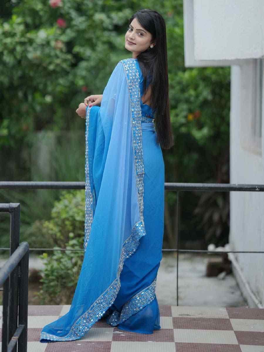 Blue Heavy Faux Georgette Embroidery Bridal Festival Wedding Traditional Fancy Heavy Border Sarees