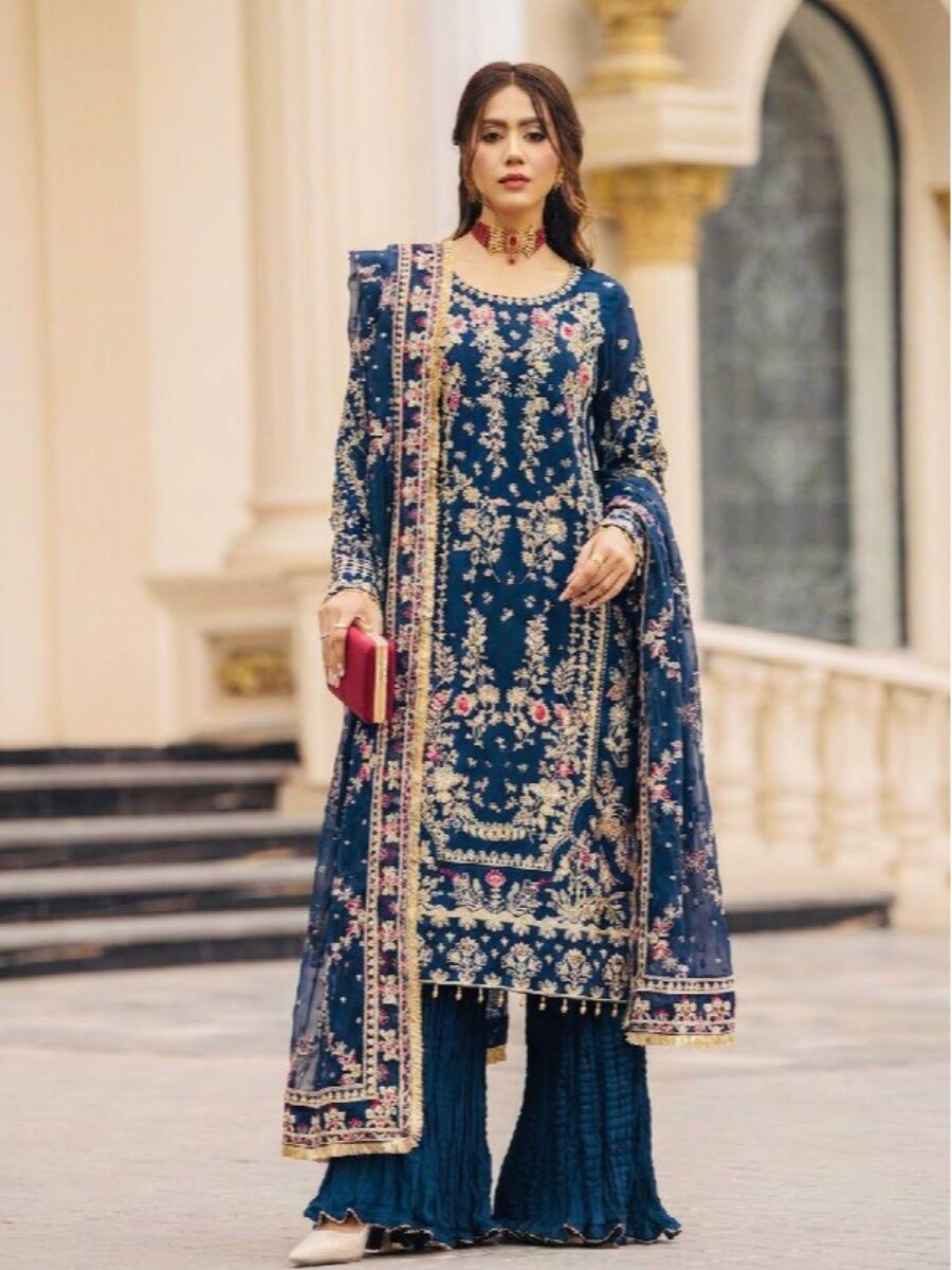Blue Heavy Faux Georgette Embroidery Sequins Stone Wedding Festival Party Reday Palazzo Pant Salwar Kameez