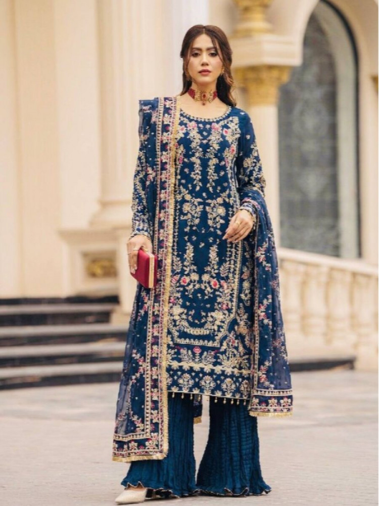 Image of Blue Heavy Faux Georgette Embroidery Sequins Stone Wedding Festival Party Reday Palazzo Pant Salwar Kameez