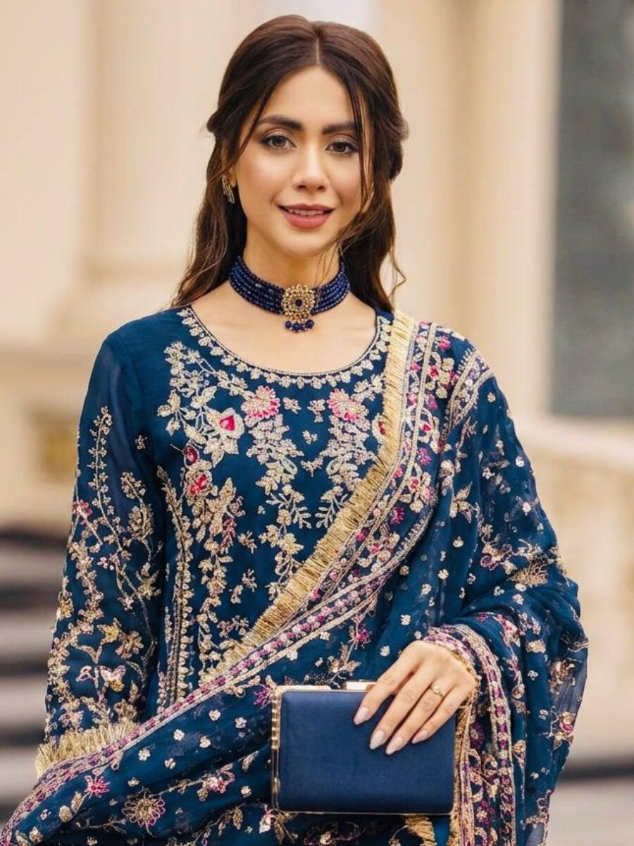 Blue Heavy Faux Georgette Embroidery Sequins Stone Wedding Festival Party Reday Palazzo Pant Salwar Kameez