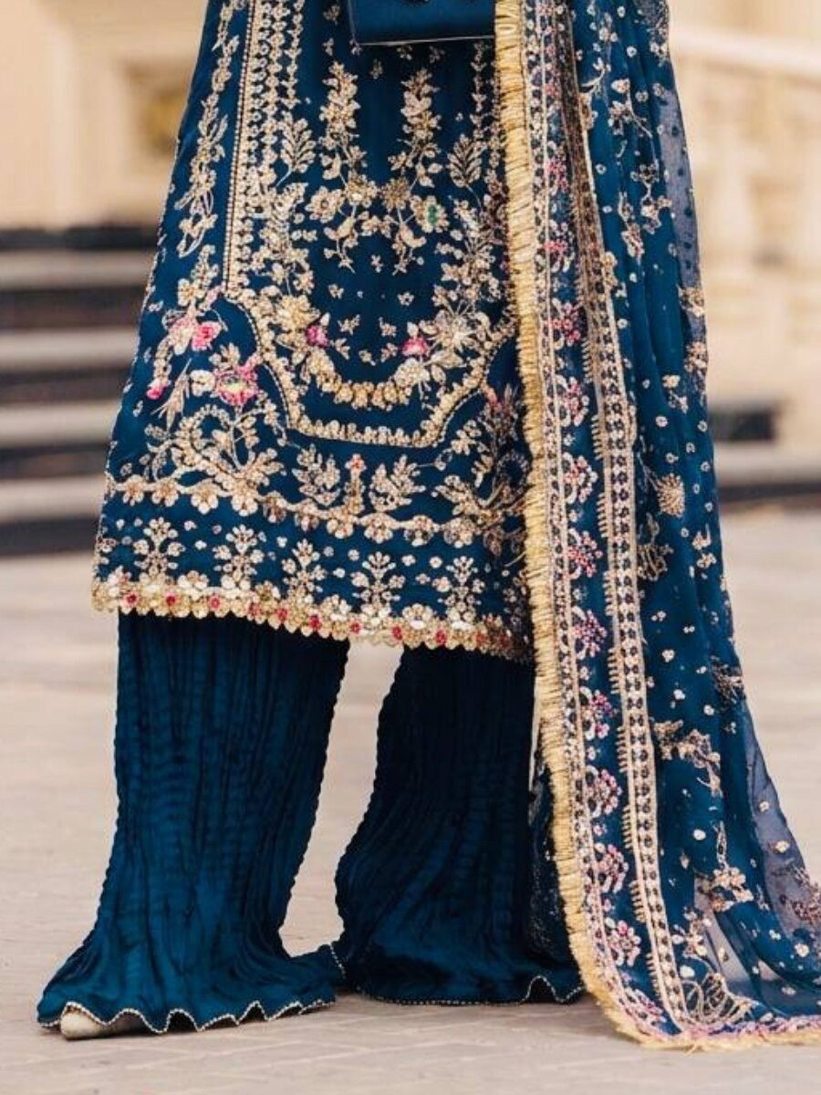 Blue Heavy Faux Georgette Embroidery Sequins Stone Wedding Festival Party Reday Palazzo Pant Salwar Kameez
