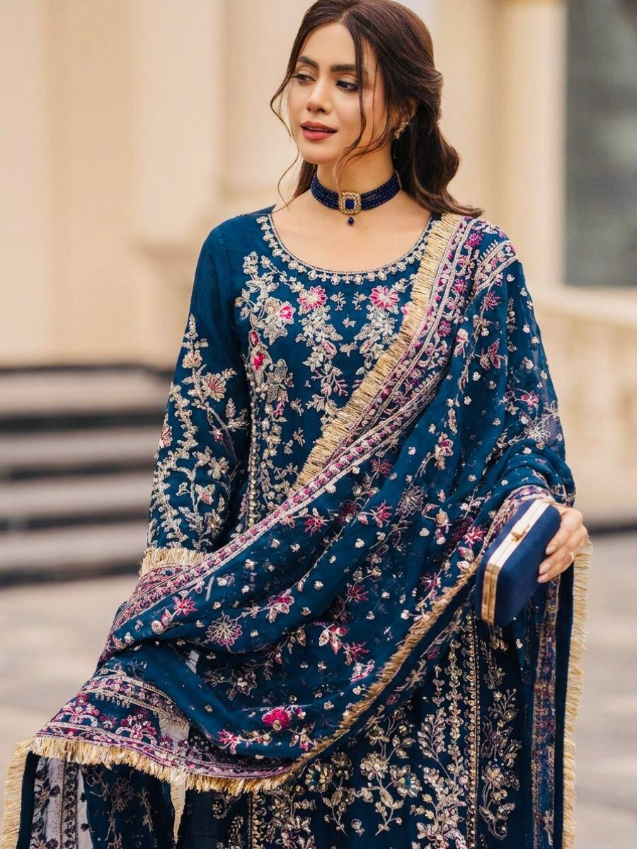 Blue Heavy Faux Georgette Embroidery Sequins Stone Wedding Festival Party Reday Palazzo Pant Salwar Kameez